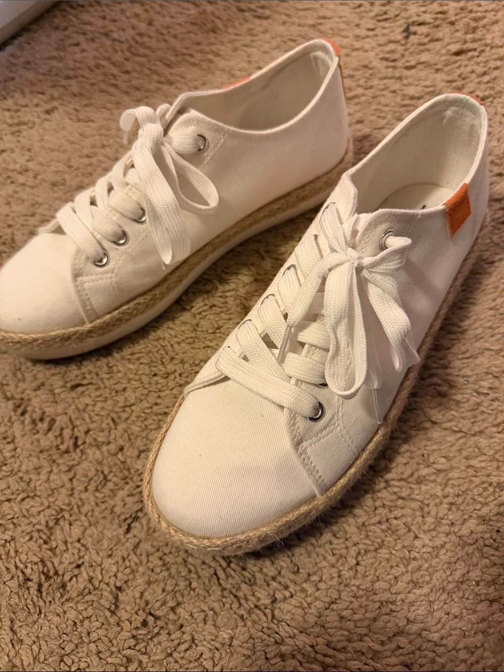 Bakers White Canvas Lace-Up Platform Sneakers with Orange Heel Tab